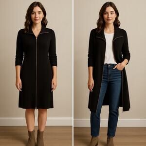 Ellen Tracy Black Zip Sweater Dress XL | Longline Knit Coat Cardigan